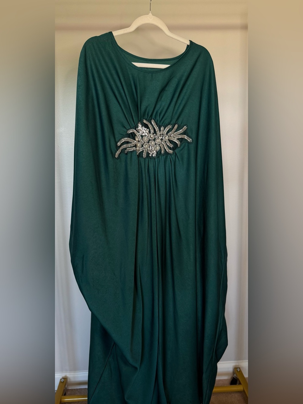 Emerald Green Kaftan Dress Embellished Beaded Waist Flowing Maxi One Size